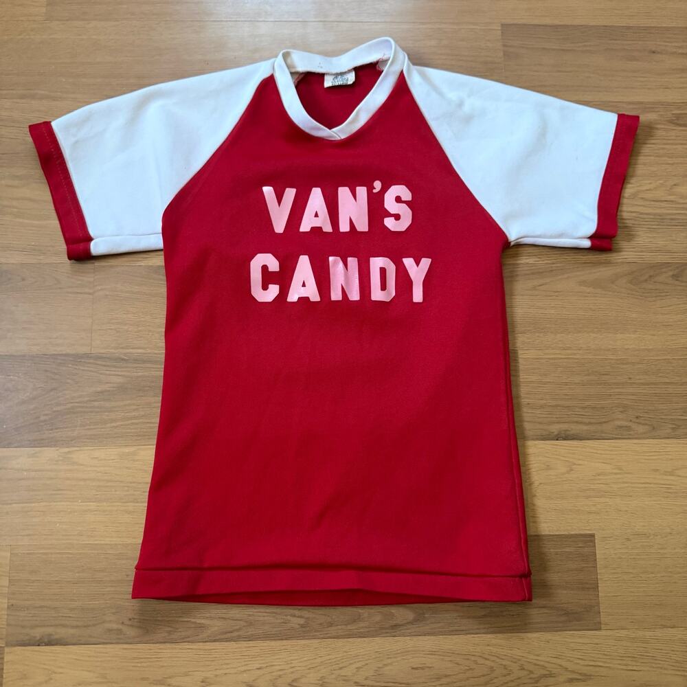 Youth Kids Boys Vintage 80's Delong Van's Candy Red Baseball Jersey Shirt Sz L